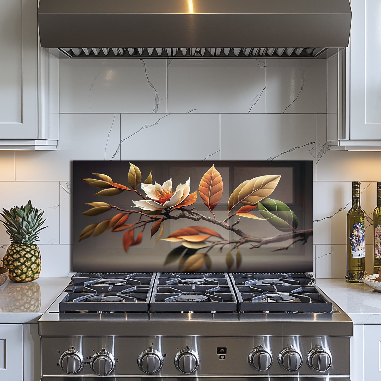 magnolia Tempered Glass Backsplash For Kitchen Behind Stove,Stove Back Top Cover,Easy to Clean Glass Splashback, Sink Cover Splash Guard,Home Kitchen Wall Decor