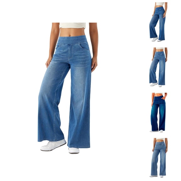 Womans Jeans 2026 Fashion High Waisted Stretchy Straight Leg Loose Fit Wide Leg Denim Pants with Pockets