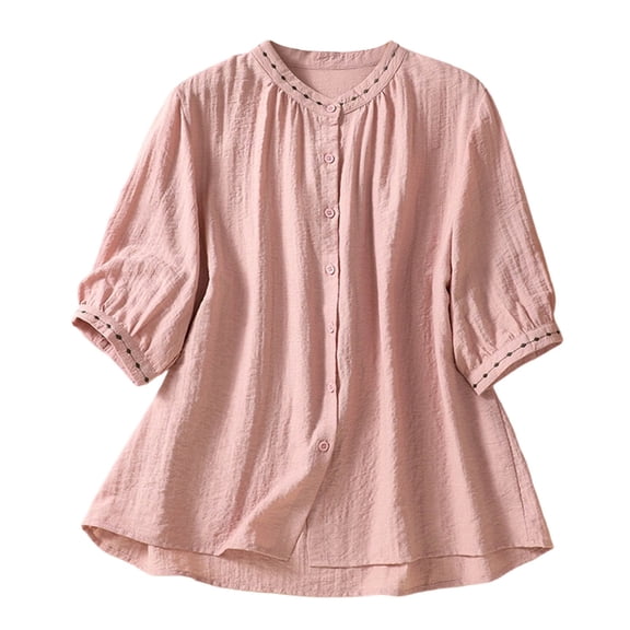 WAGUTH Women's Cotton Linen Half Sleeve Blouses Embroidered Stand Collar Button Down Shirt Casual Loose Fit Summer Tops,Pink,M