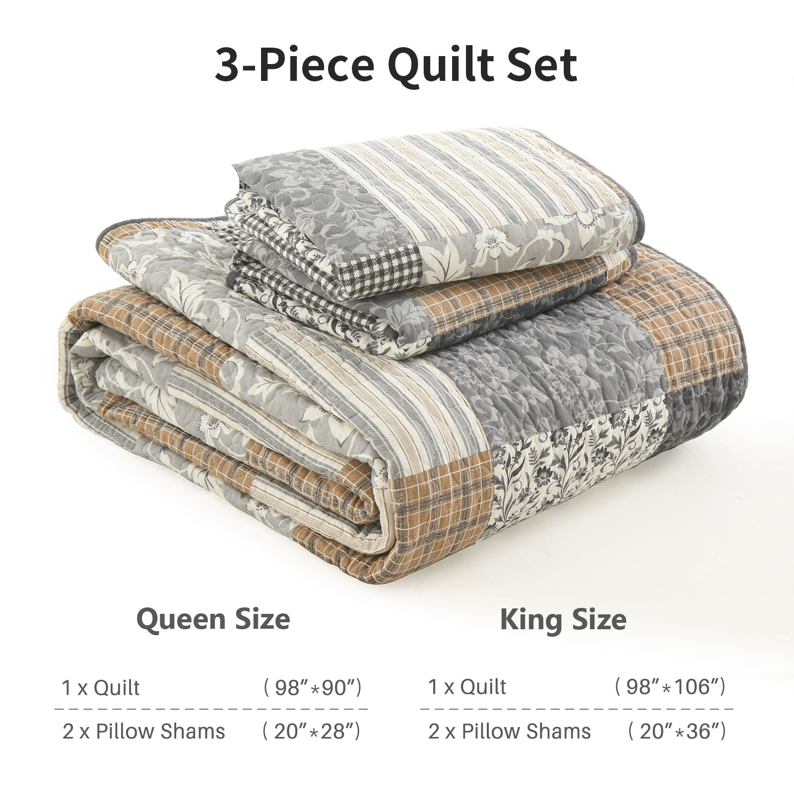 DDUOXIN Brown Plaid King Size Quilts - 100% Cotton King Size Quilt Set, Floral Gray Brown Patchwork Quilt Bedspreads for King Bed, Lightweight Reversible Coverlet Bedding Set with 2 Pillow Shams