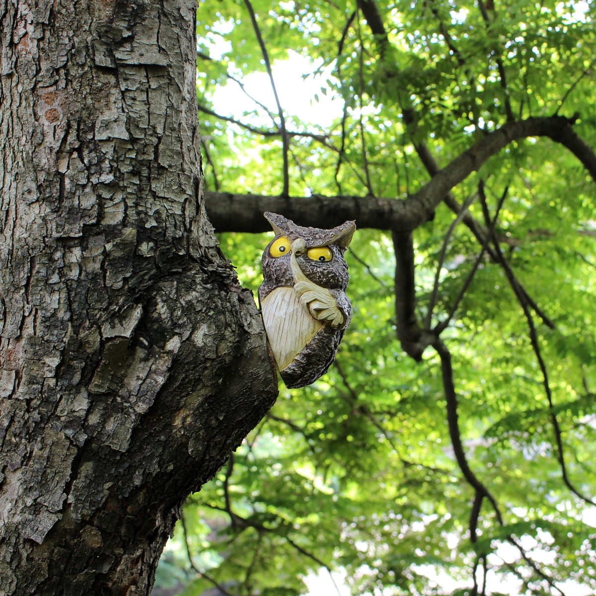 Owl Tree Hugger, Funny Keep Quiet Owl Statue Outdoor Tree Face Decor, Resin Tree Sculpture Garden Peeker Yard Art Ornaments, Housewarming Gift
