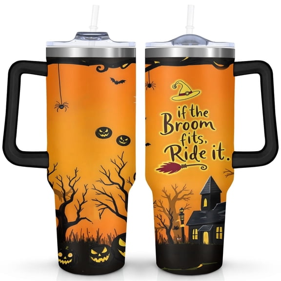 Black Castle on Halloween 40 Oz Tumbler with Handle Lid and Straw, Stainless Steel Double Walled Vacuum Insulated Cup, Cute Birthday Gifts Tumbler for Women Men Friends