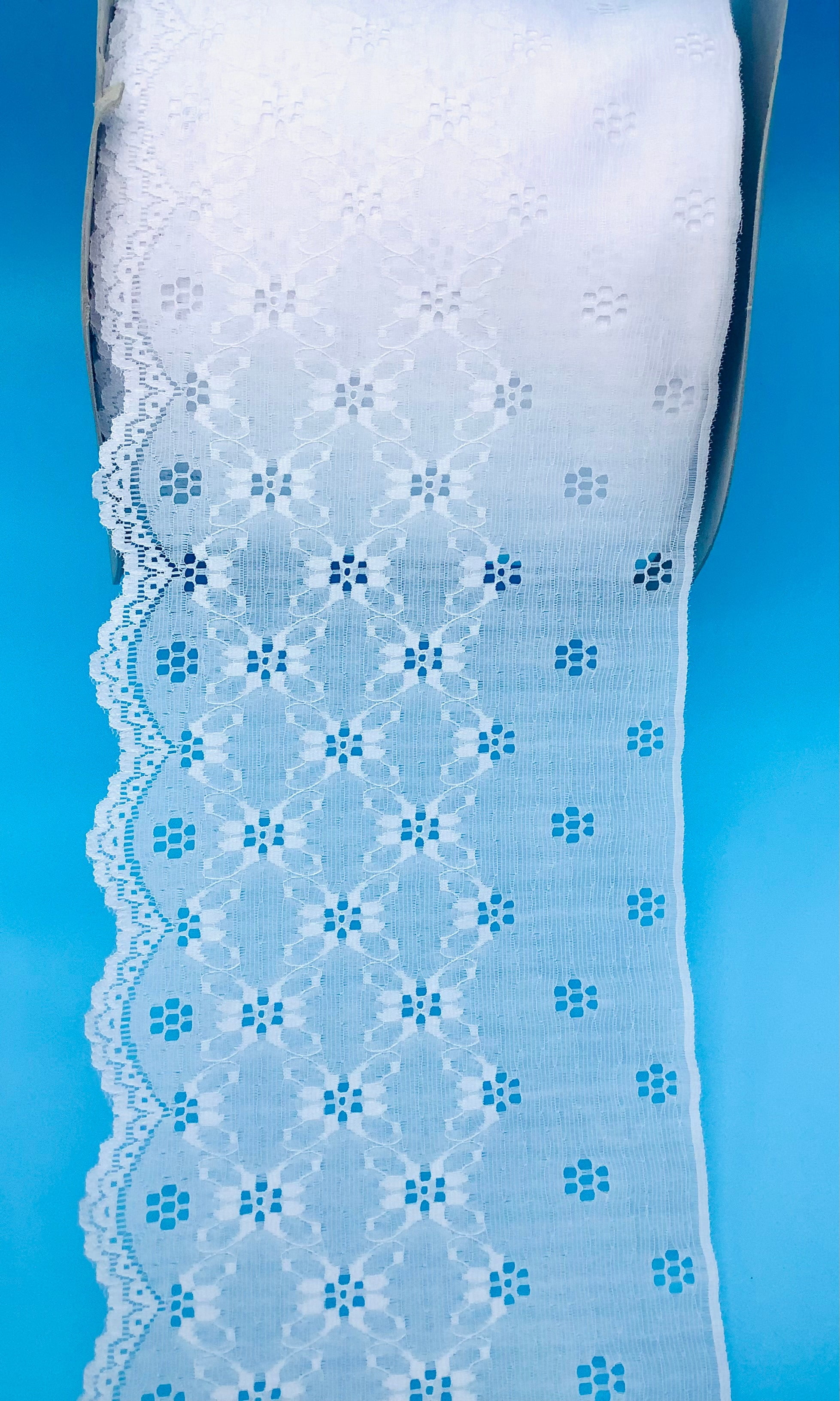 White 7-1/4" Raschel Lace Eyelet Design - 100% Polyester