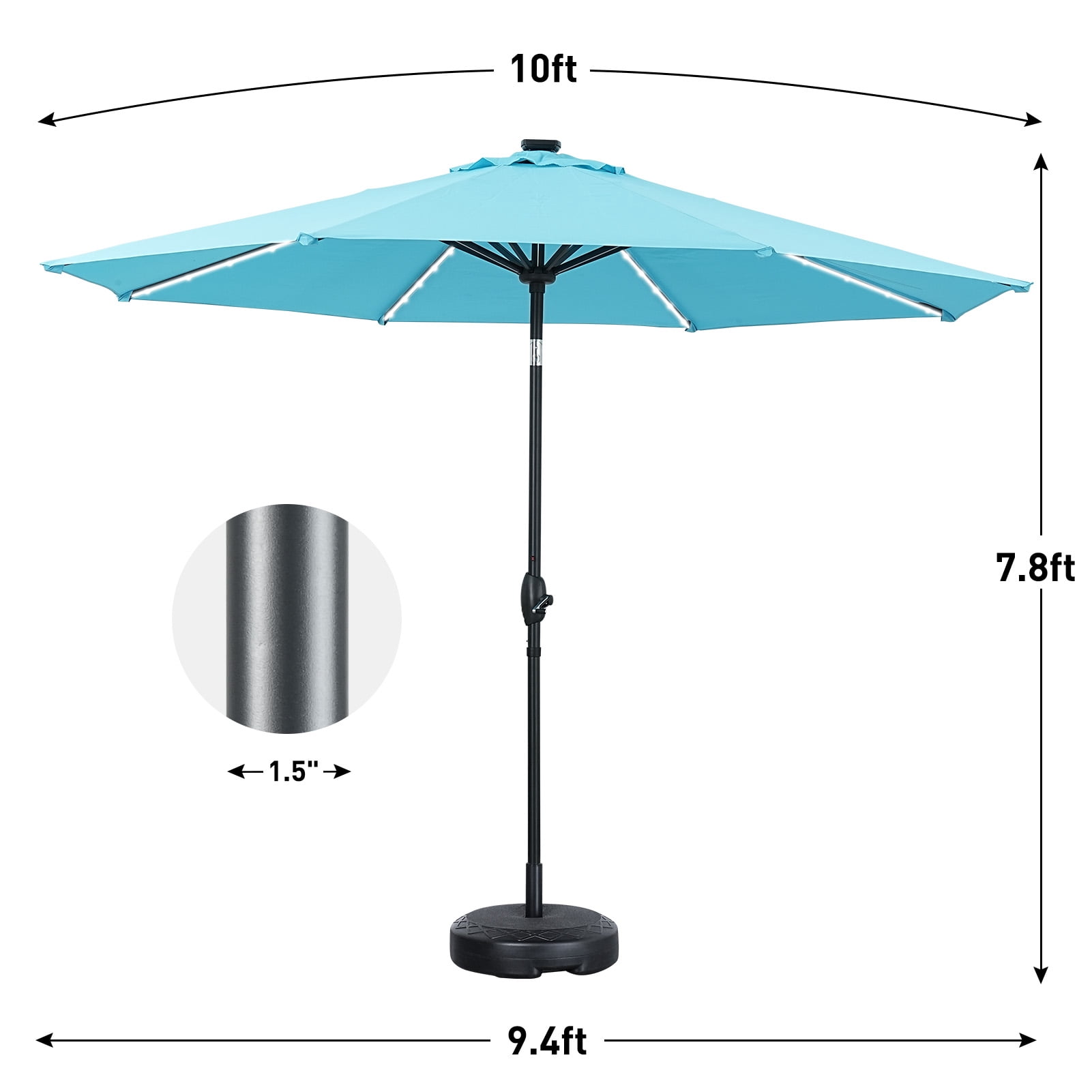 Ainfox 10ft Patio Led Lighted Umbrella with Weight Base,Outdoor Table Sun Shade Umbrellas with Push Button Tilt/Crank, 8 ribs, Lake Blue
