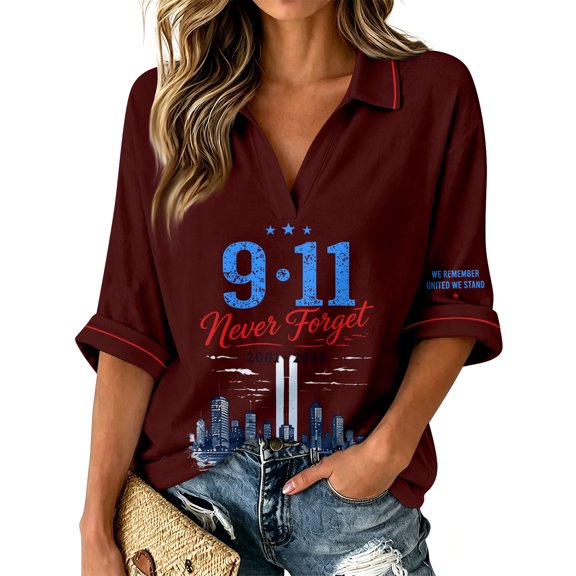 Bexdxz 9/11 25Th Anniversary Shirt Womens Memorial 911 Never Forget V Neck Tshirts Wine M