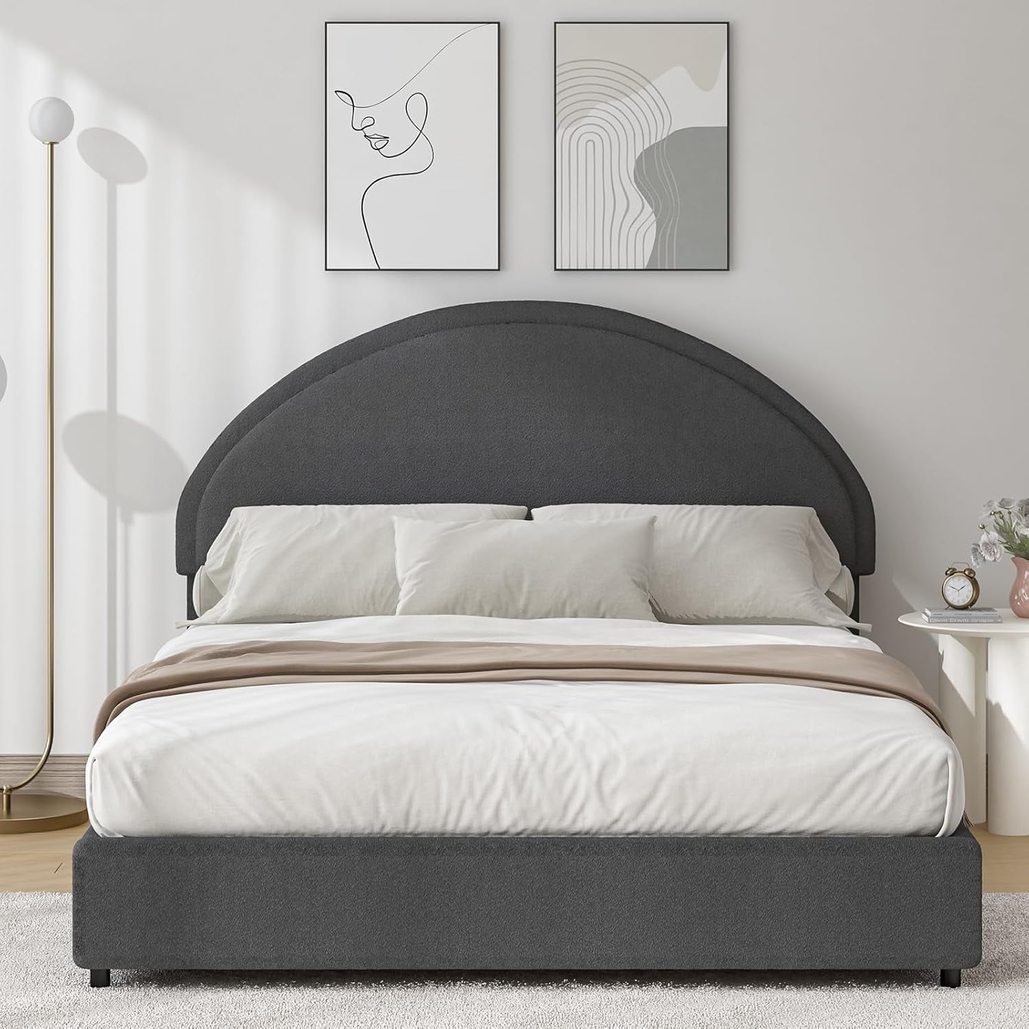4 EVER WINNER Full Size Bed Frame, Boucle Upholstered Bed Frame with Headboard, Gray Full Bed Frame, Dark Gray