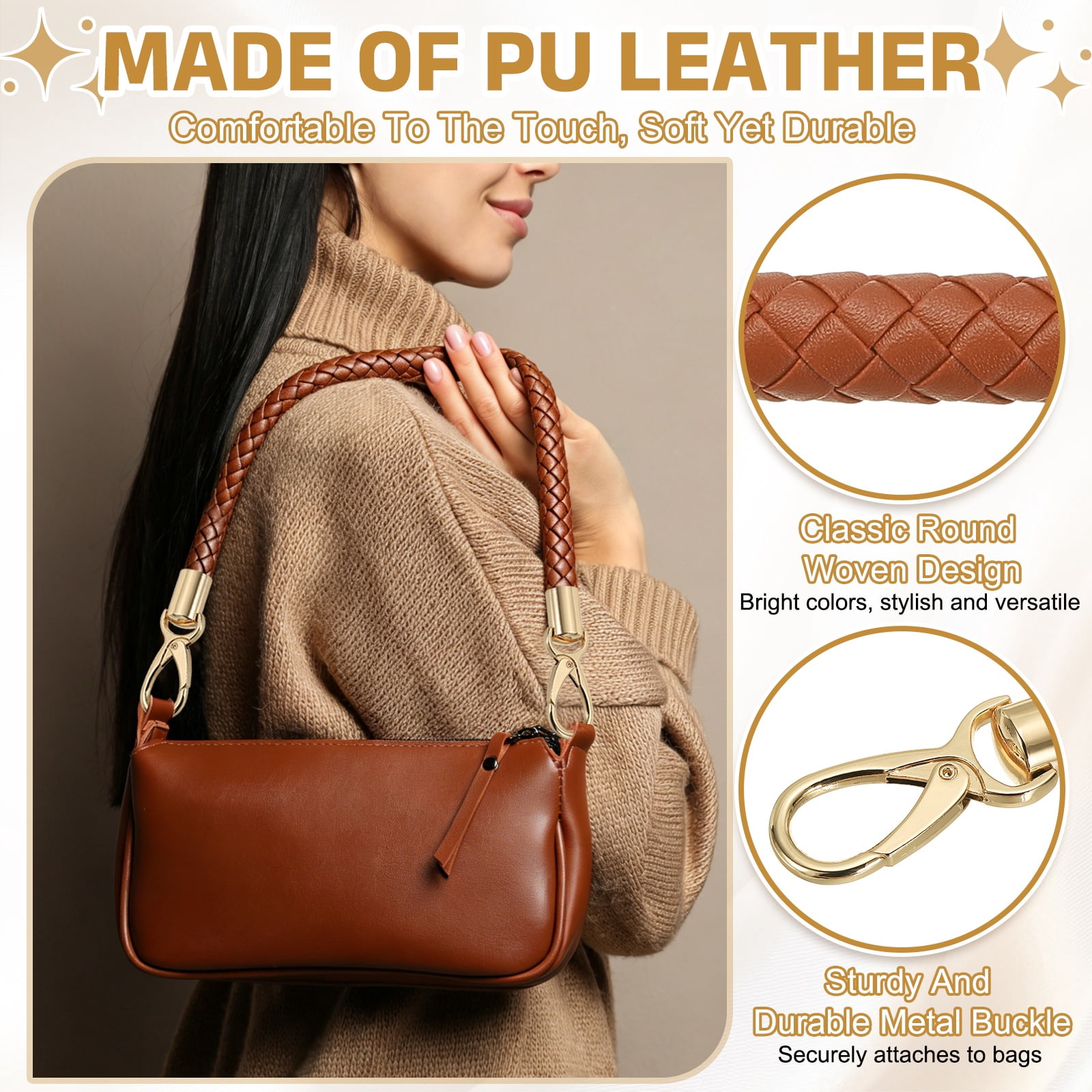 Uxcell 2 Pcs Braided Purse Strap, 65cm 25.6" PU Leather Shoulder Purse Strap for Handbag Bag Handle Replacement for DIY Making Handbag Underarm Bag, Yellow Brown (Light Gold Buckle)