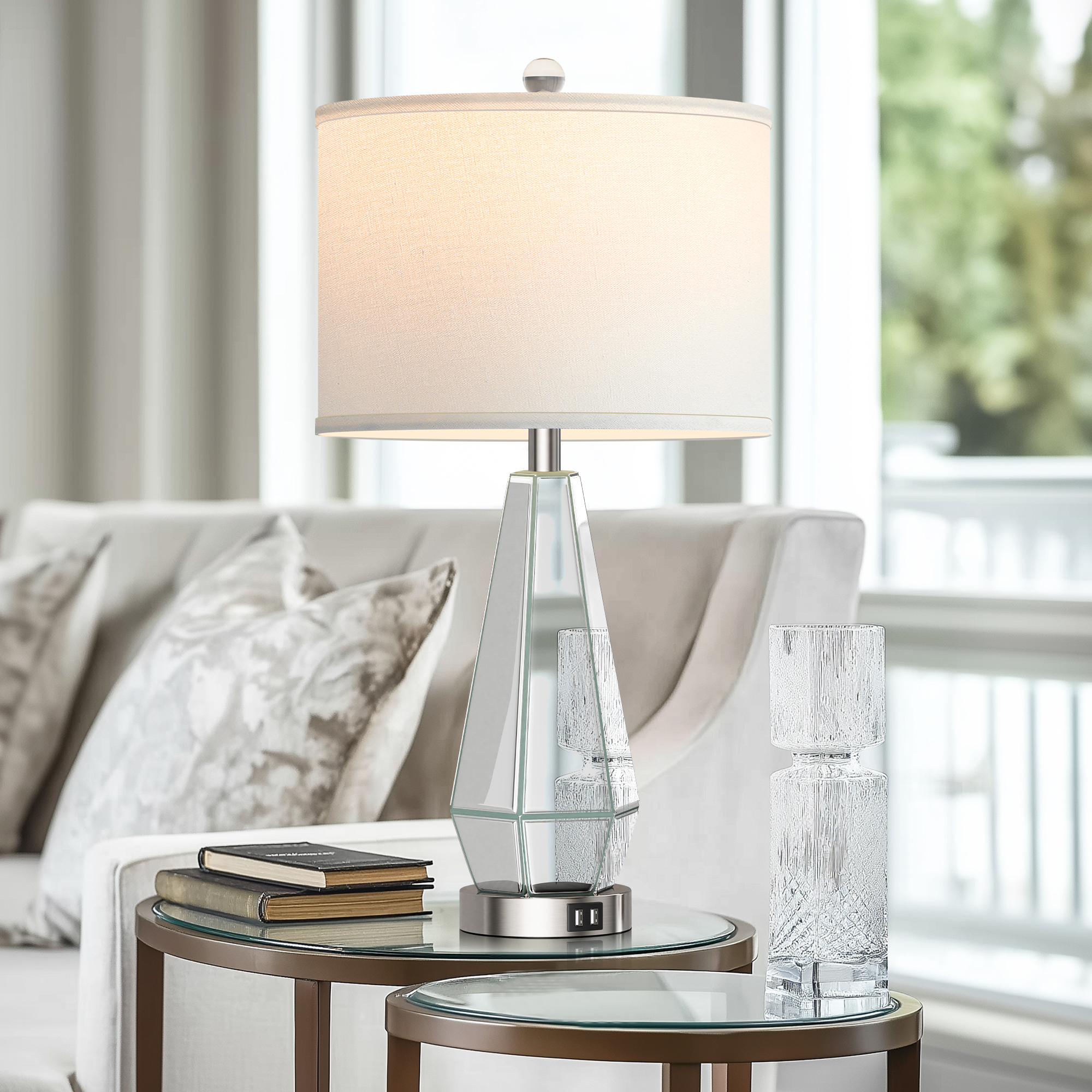 Set of 2 Mirrored Glass Bedside Table Lamps with 2 USB Ports for Bedrooms Modern Side Nightstand Lamps