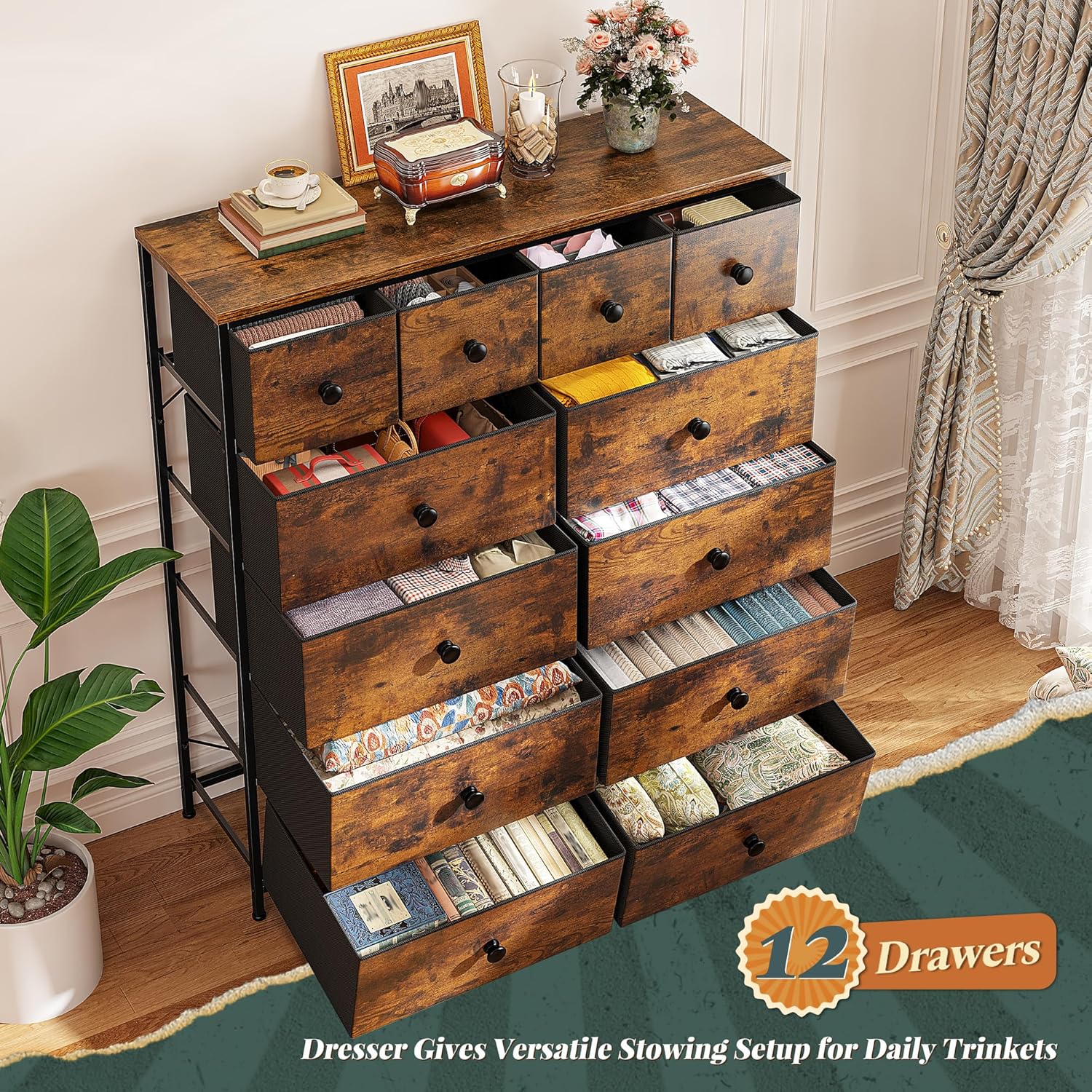 Dresser for Bedroom Tall Dresser with 12 Drawers Fabric Dressers & Chests of Drawers, Bedroom Dresser with Metal Frame, Wood Top, Entryway Living Room Closet, Rustic Brown