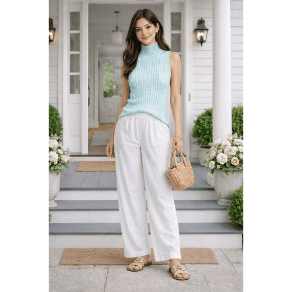 Socal Look Women's Sleeveless Turtleneck Sweater Top in Stretchable Viscose Blend Aqua Sky, L