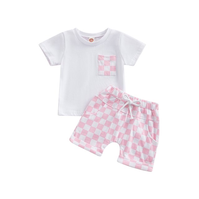 Faithtur Ensemble d'Été 2 Pcs pour Bébé, T-Shirt à Manches Courtes avec Poche + Short à Damier