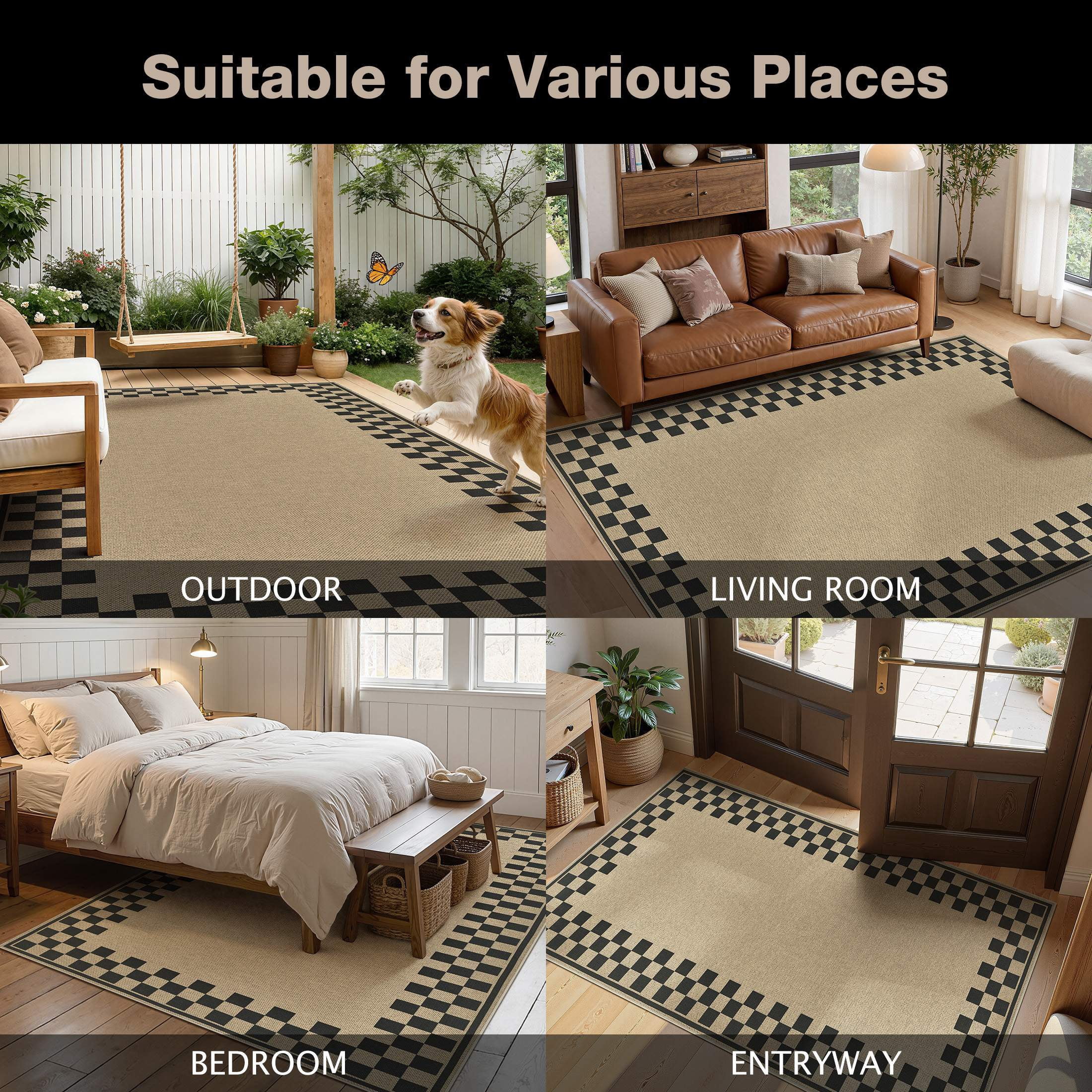 UERMEI 5x7 Area Rug for Living Room: Washable Non Slip Jute Look Carpet Low Pile Farmhouse Rug for Bedroom Under Coffee Table Dining Room - Geometric Brown