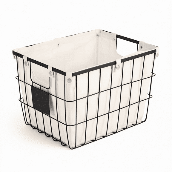 Medium Wire Storage Baskets with Chalkboard Labels, 2-Pack, Black Metal, Removable Fabric Lining, for Home Organization