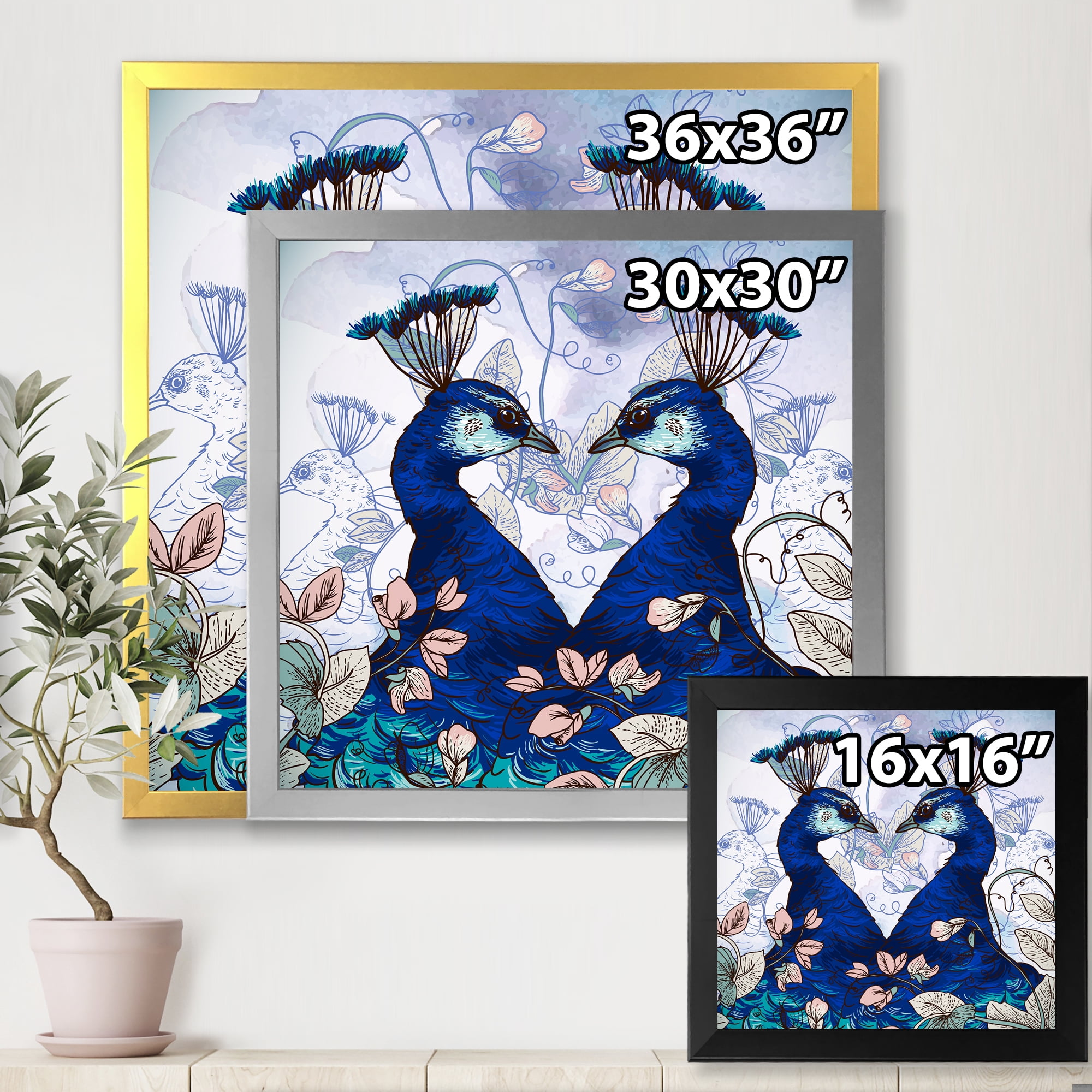 Designart 'Wildflowers With Two Blue Peacocks' Traditional Framed Art Print