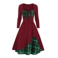 thumbnail image 1 of xiaxaixu Robes Midi d'Automne pour Femmes à Carreaux Patchwork Col Cœur Robe Trapèze Grande Balançoire Vacances Manches Longues, 1 of 9