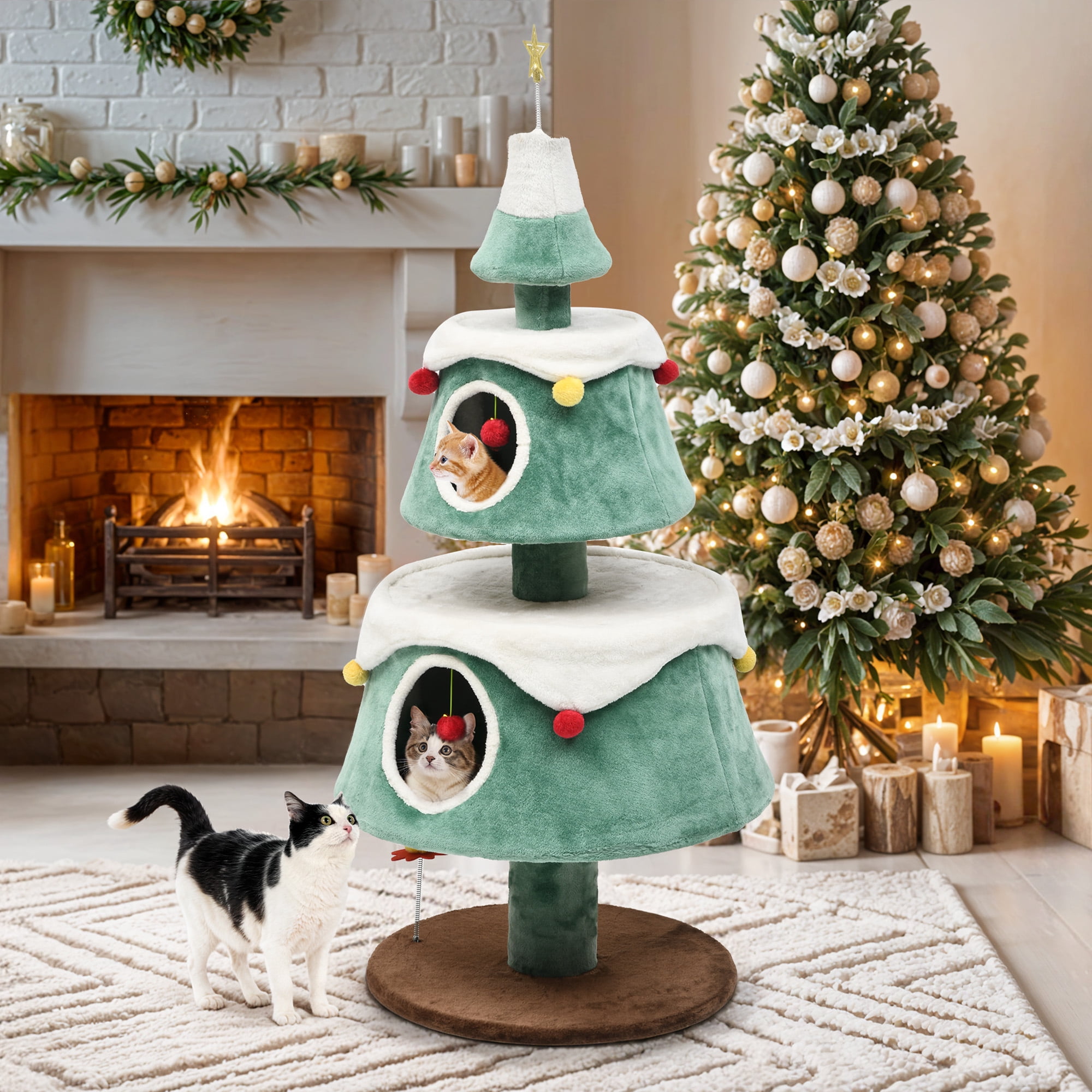 Uforic 63" H Large Christmas Cat Tree,2 Cat House with Plush Ball, Green+White
