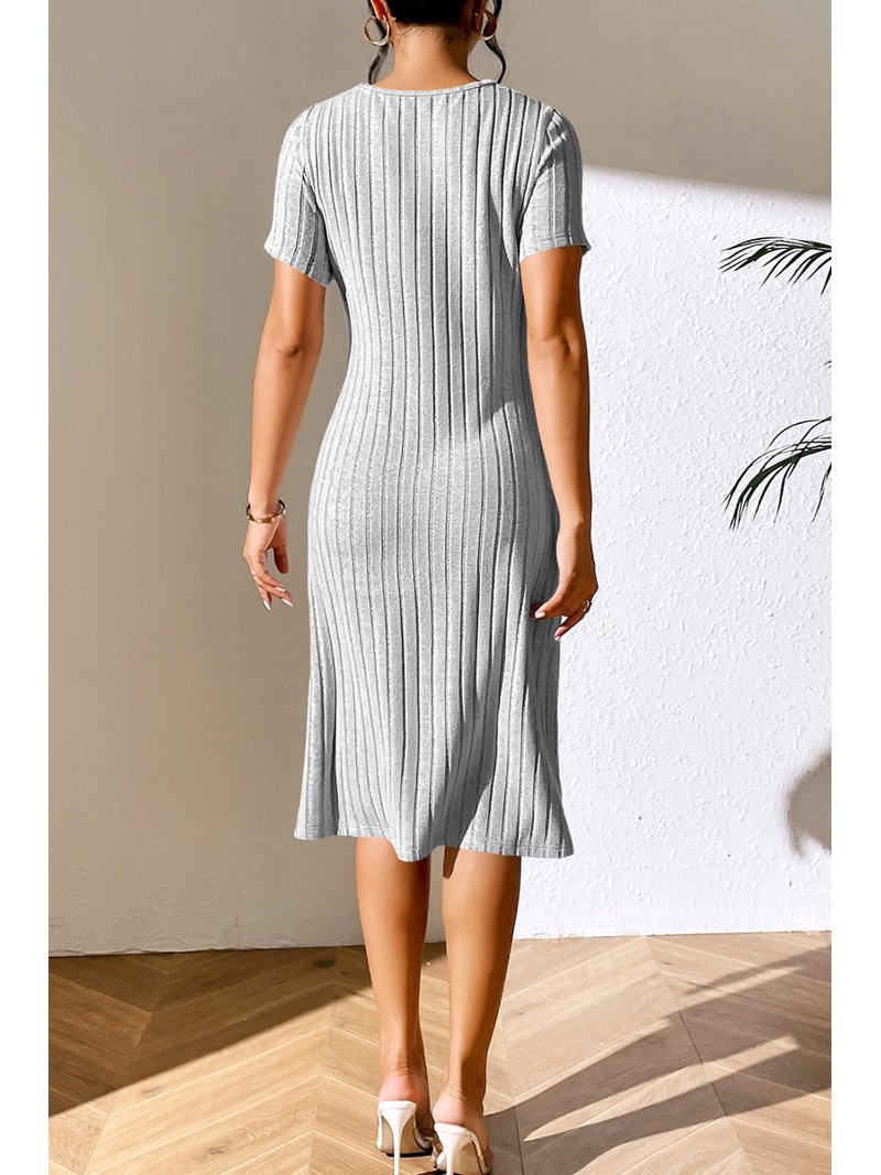 polyester knit dresses Women's Ribbed Dress with Asymmetrical Neck Short Sleeves Knee Length Casual Urban Wear 95% 5% Spandex XLarge