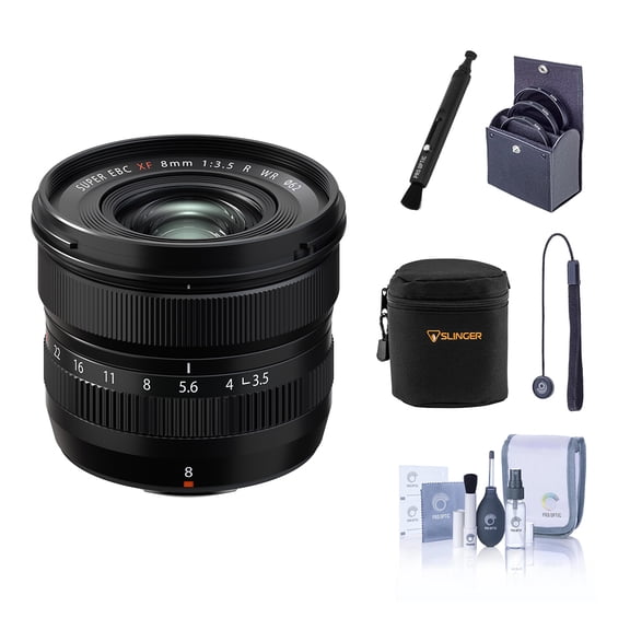 Fujifilm XF 8mm f/3.5 R WR Lens, Black, Bundle with 62mm Filter Kit, Soft Lens Case, Cleaning Kit, Lens Pen Cleaner and Lens Cap Tether
