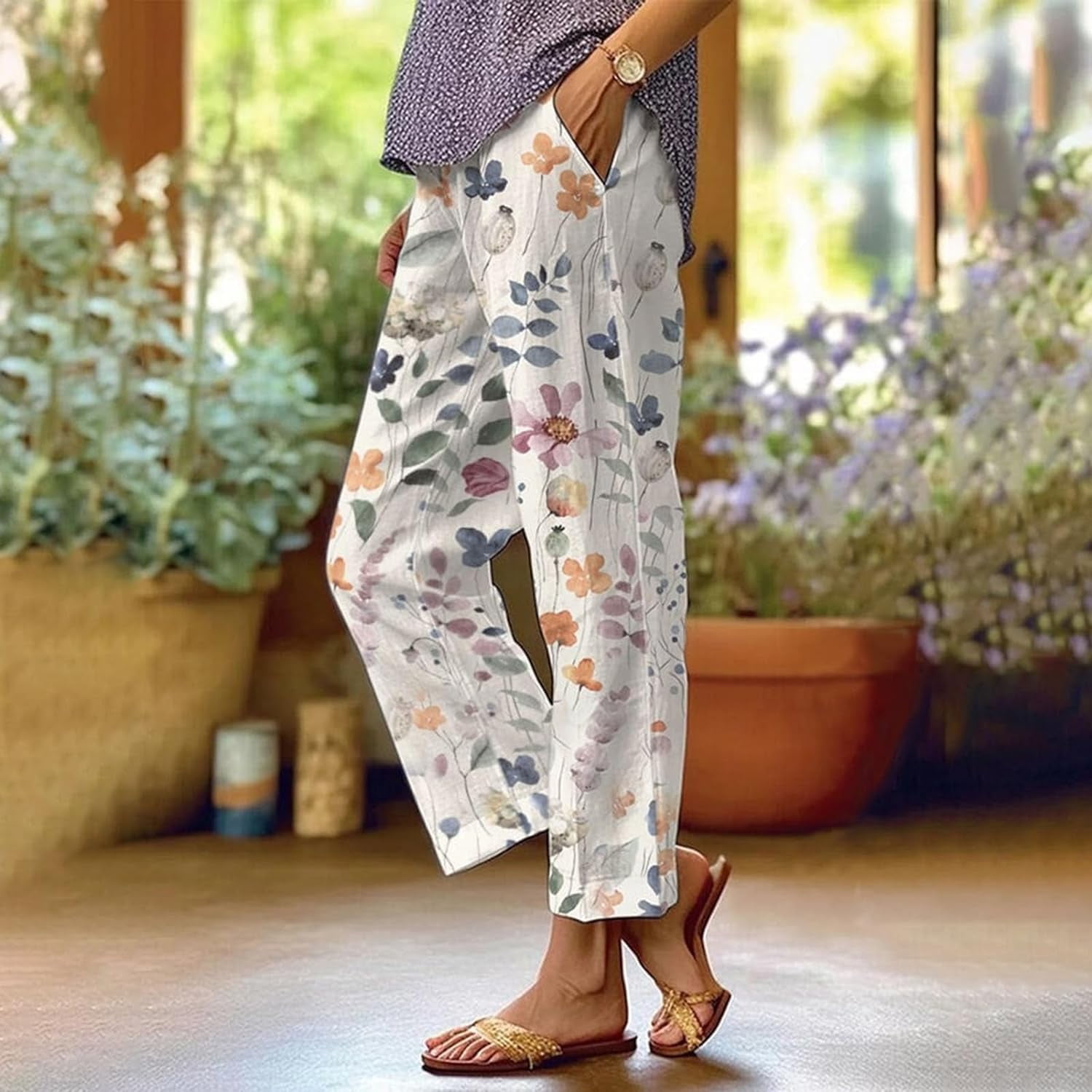 SAYDY Pantalon de Plage Imprime Floral Numerique Pantalons Femme Taille Large Bleu M 0601M
