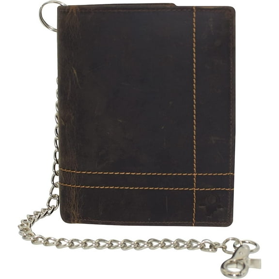 Marshal Bifold Genuine Leather RFID Blocking Wallet For Men Card Slots, 2 Bill Compartments, ID Windows, Money, Logo Brown With Chain