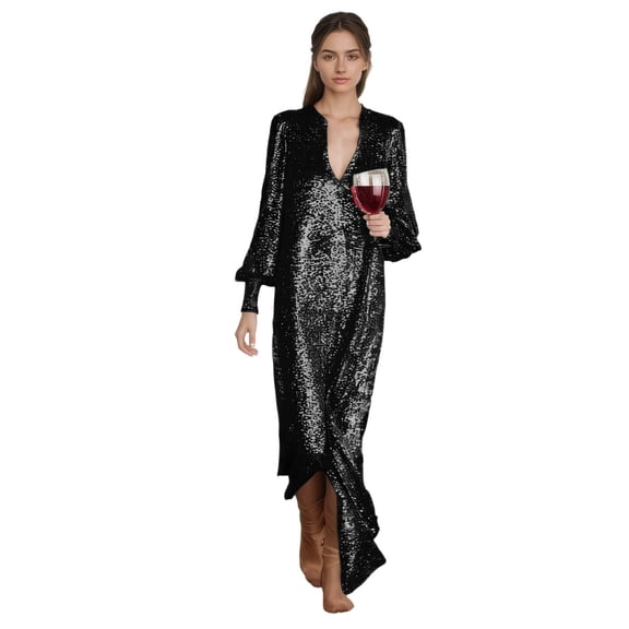 XIAOCHA Sequin Maxi Dress for Women Loose Fit Long Sleeve Split V Neck Shiny Glamorous Party Dresses