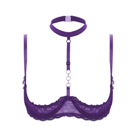 Doomiva Women s Floral Lace Balconette 1/4 Cups Underwired Push Up Shelf Bra Top Bralette Lingerie Purple M