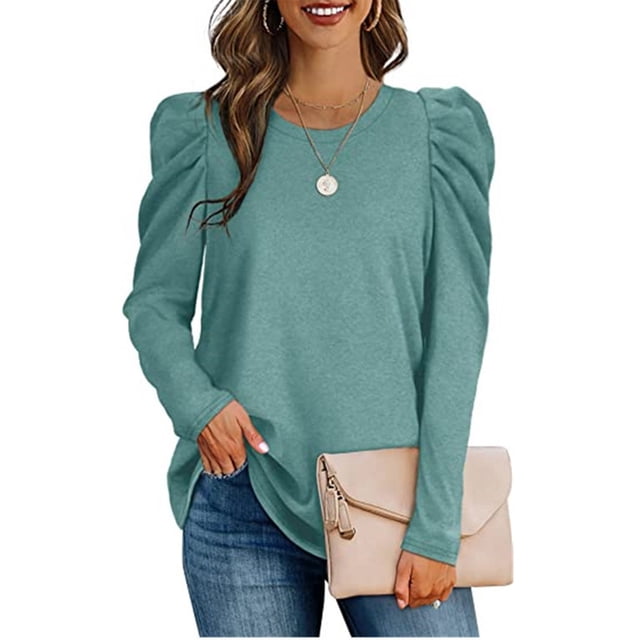 Top de corte informal para mujer, cuello redondo, mangas abullonadas, color puro, transpirable, para ir de compras, verde, XXL