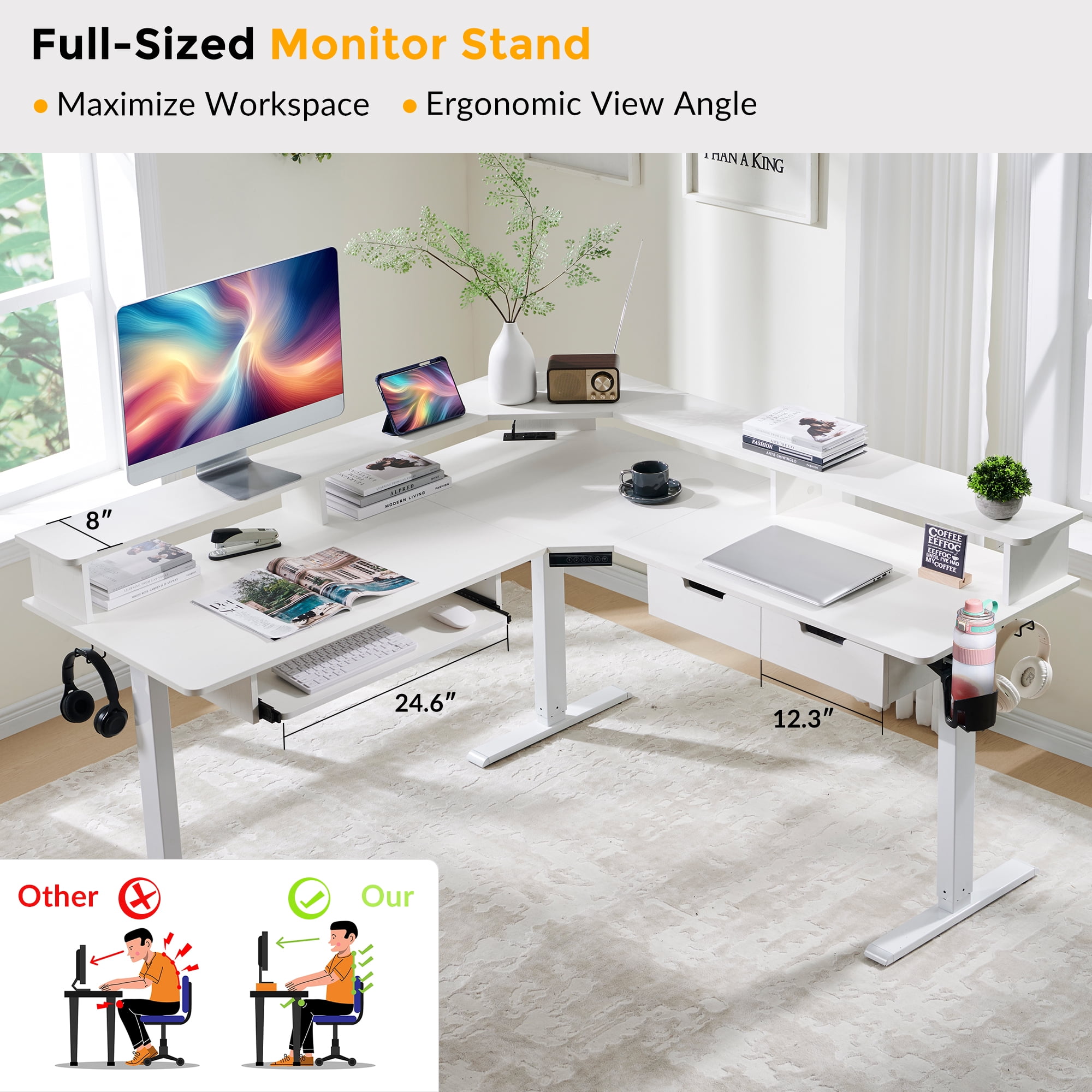 OKD 60" Electric Standing Desk with LED Strip & Power Outlets, L-Shaped Corner Desk with Shelves & Keyboard Tray, Adjustable Height Computer Desk, Antique White