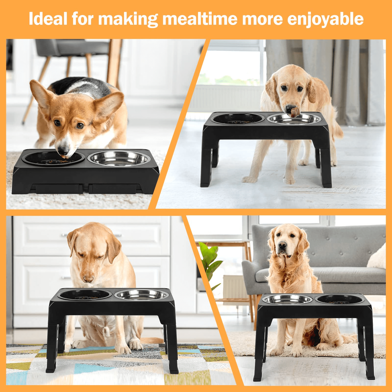 Elevated Dog Bowls with Slow Feeder, 4 Adjustable Heights Raised Pet Bowl Stand Feeder Bowl with 2 Stainless Steel Food & Water Bowls for Large Medium and Small Dogs