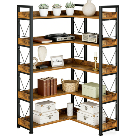 5-Tier Corner Bookshelf L Shaped Industrial Bookcase with Metal Frame and Wood Shelves Includes Hooks and Edge Design for Living Room Home Office Bedroom Rustic Brown