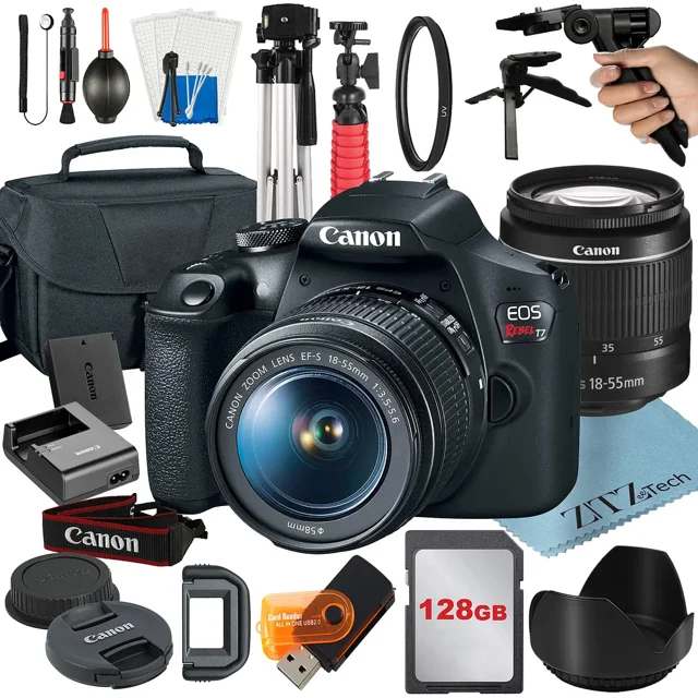 Canon EOS Rebel T7 DSLR Camera Bundle with 18-55mm Zoom Lens + 128GB Card + Case + Tripod + ZeeTech Accessory