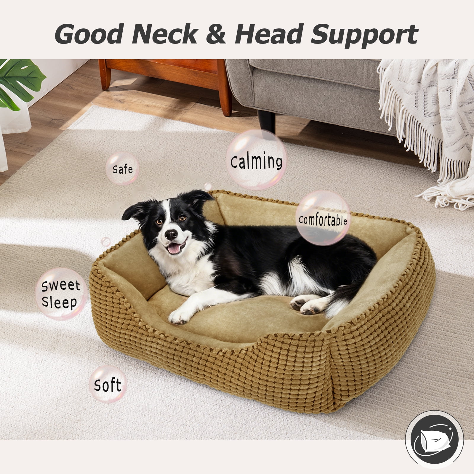 Washable Dog Beds for Medium Sized Dogs, Cat Beds for Indoor Cats, Rectangle Pet Beds with Anti Slip Bottom, Beige, 30"x24"x9"