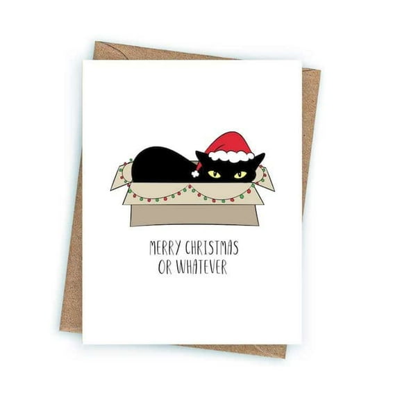 Merry Christmas Card with Black Cat Design – "Merry Christmas or Whatever" – Humorous Greeting Card for Cat Lovers – Envelope Included, Blank Inside