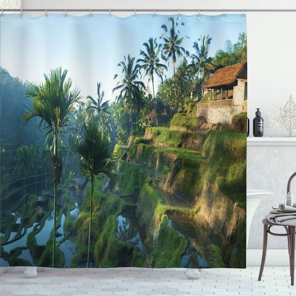 Ambesonne Landscape Shower Curtain, Palm Trees Morning, 69"Wx75"L, Green