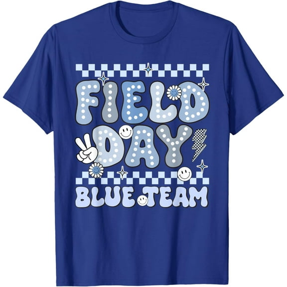 Field Day Blue Team Groovy Smile Face Checkered Students T-Shirt