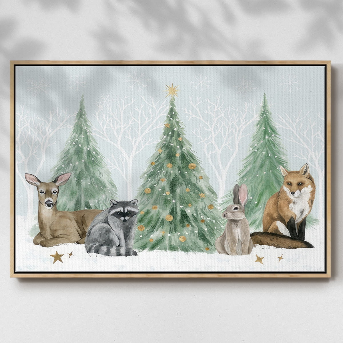 Christmas in the Forest Collection A - Framed Gallery Wrapped Holiday Canvas - 17 x 25 - Natural Wood Frame