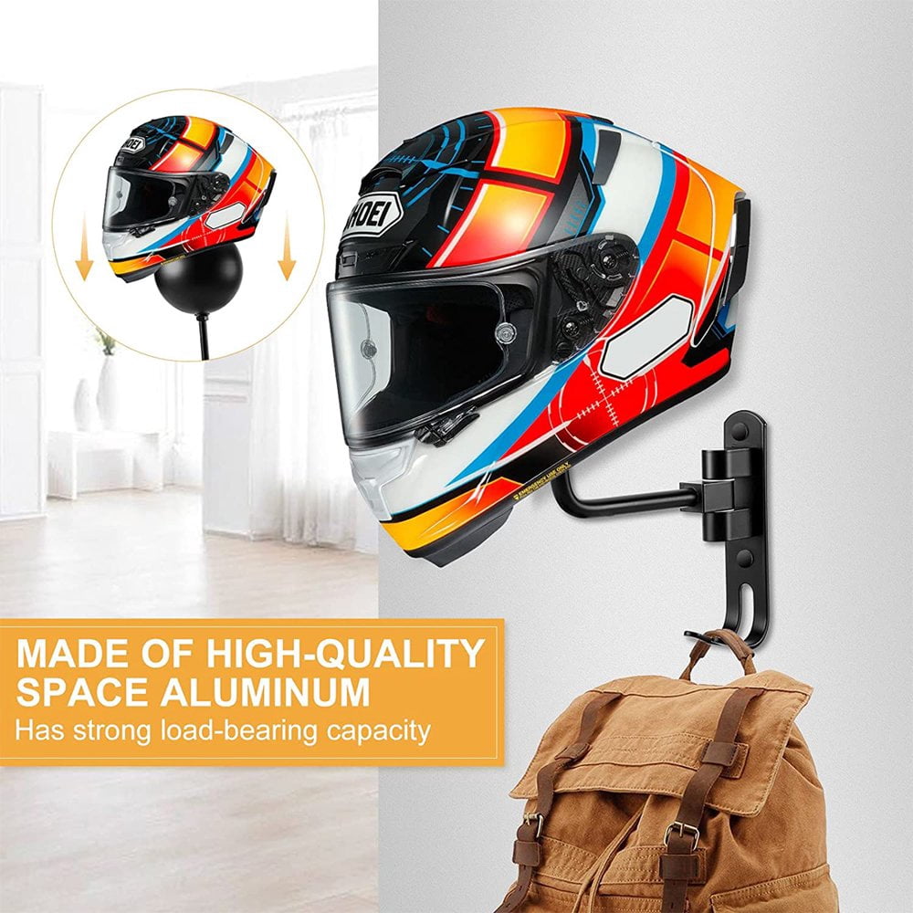 Porte-casque Mural Rotatif 180° – Aluminium, Double Crochet – Pour Casques Moto, Sports, Chapeaux, Manteaux