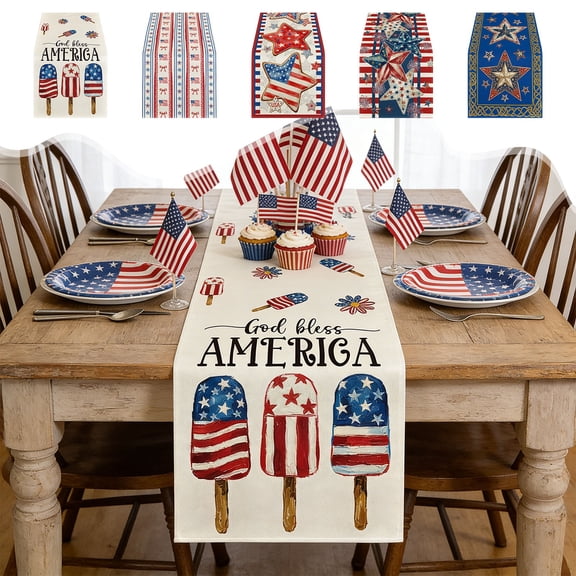 4th of July Patriotic Table Runner, 72x13 Inch Linen Red White Blue Decorative Table Linen for Independence Day Dining Party Home Decor by PALIFEUR