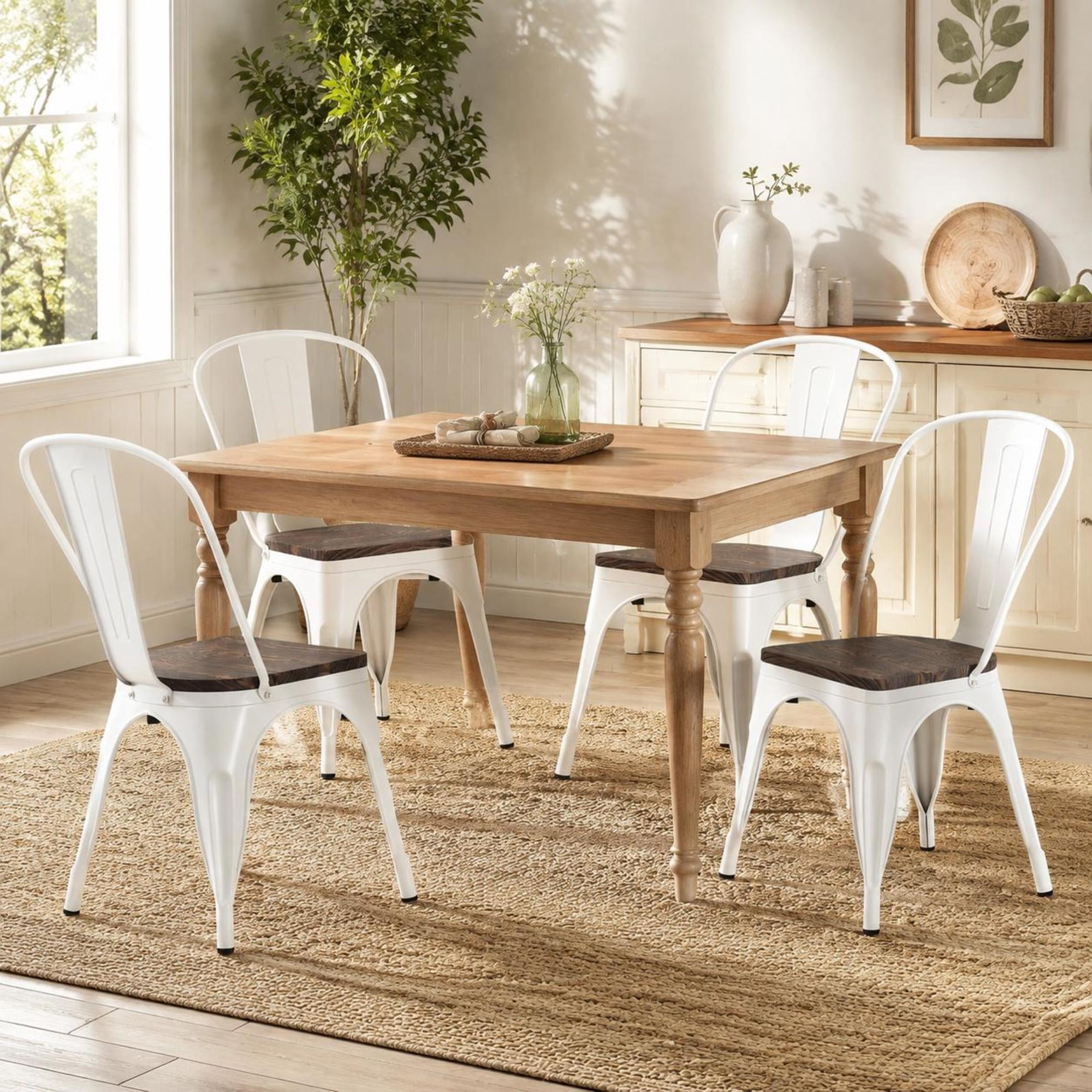 Stackable Metal Dining Chairs Set of 4 with Wood Seat Detachable High Backrest White