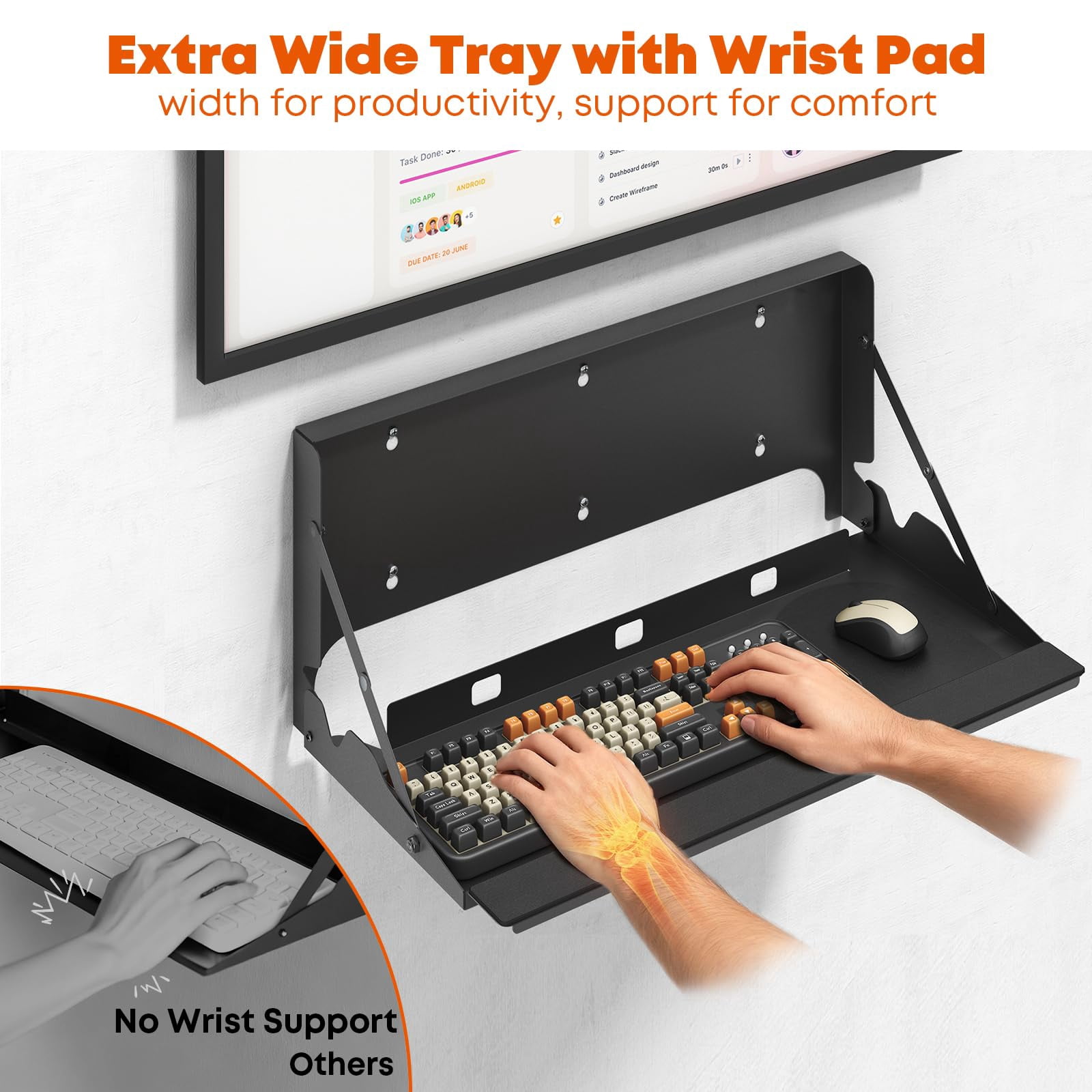 PUTORSEN Flip Down Keyboard Tray Wall-Mount - 24 Inch Computer Keyboard and Mouse Platform Tray, , Mouse Pad and Wrist Pad Included, Holds Up to 22 lbs, Black