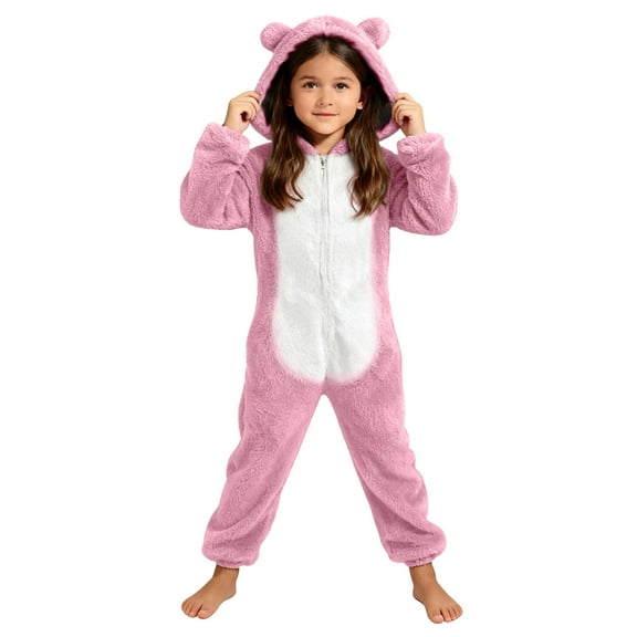 dazeni Girls Zip up Onesie with Cute Bear Hooded Cozy Fuzzy Fleece Jumpsuit Comfy Plush Sherpa Long Sleeve Romper Color Block One Piece Outfits Pink 4-5 Years
