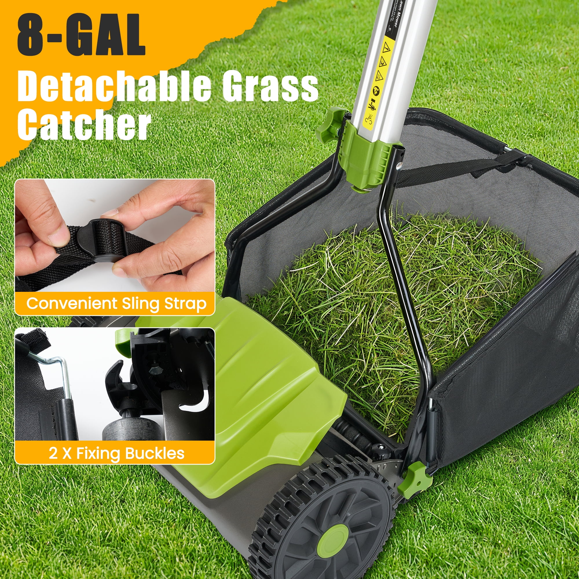 Naipo Push Reel Lawn Mower, 16-in 5-Blade for 6 Height Adjustable(0.6~1.6) Manual Lawn Mower with 8-Gallon Grass Bag, for Small Lawns, Green