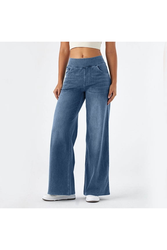Baggy Jeans Women Pull On Wide Leg Jeans With Elastic Waistband High Waist Stretch Wide Leg Jeans Women With 4 Pockets