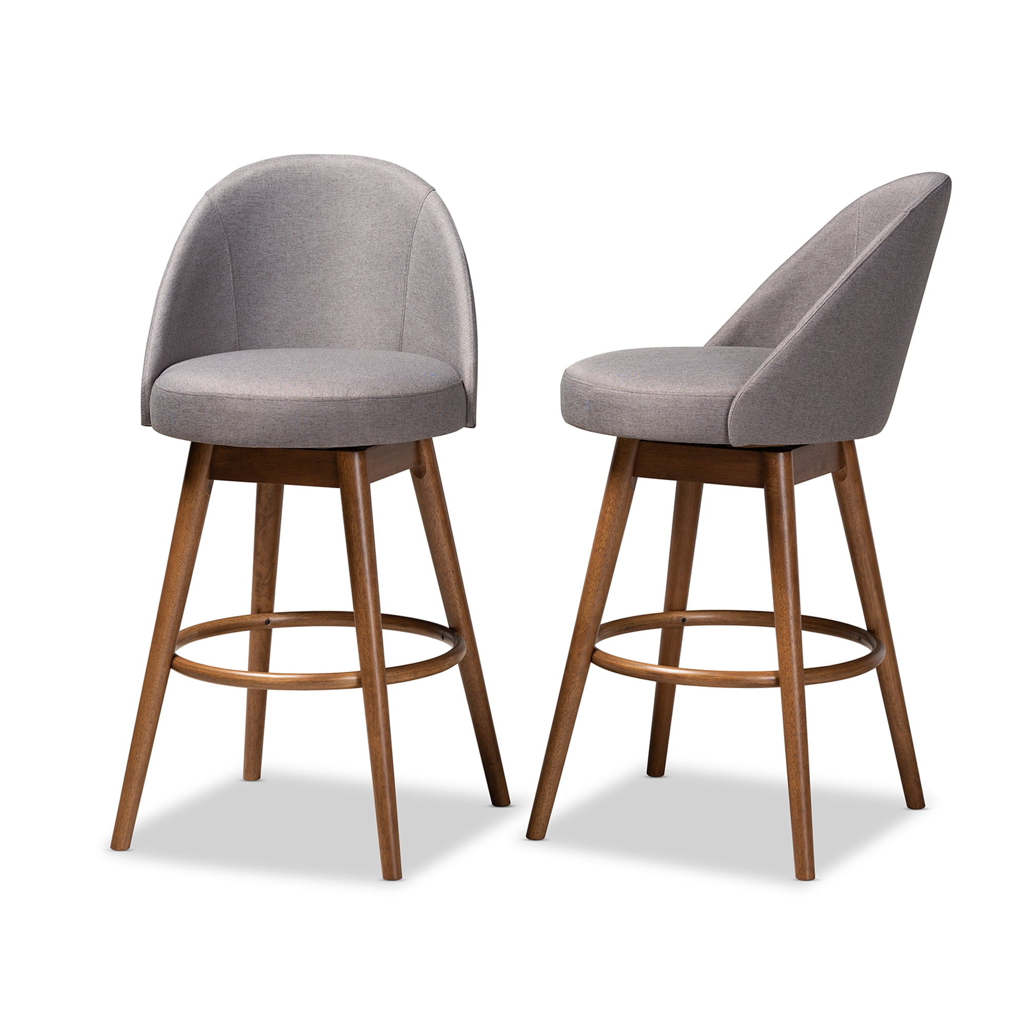 Set of 2 Baxton Studio Carra Mid-Century Modern Grey Fabric Upholstered Walnut-Finished Wood Swivel Bar Stool Set