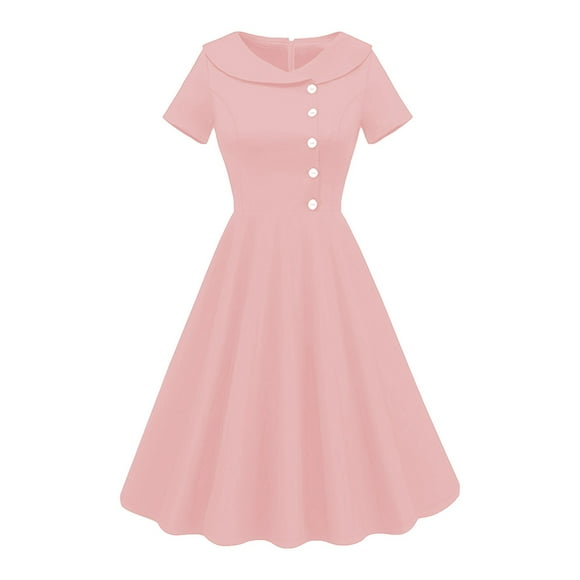 hotojiny 50s Dresses for Women Vintage Short Sleeve Button Babydoll A-Line Dress Cute Retro A-Line Flowy Midi Prom Dress