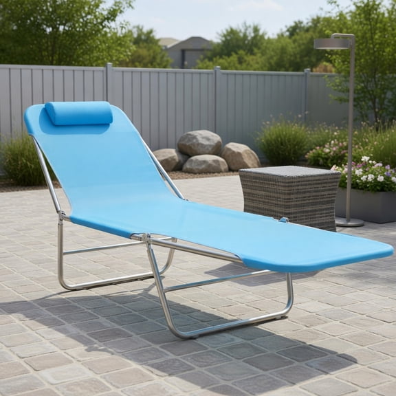 Spaco Folding Chaise Lounge Pool Chairs, Outdoor Sun Tanning Recliners with Pillow, Steel Frame, Breathable Mesh, Beach, Yard, Patio, Blue