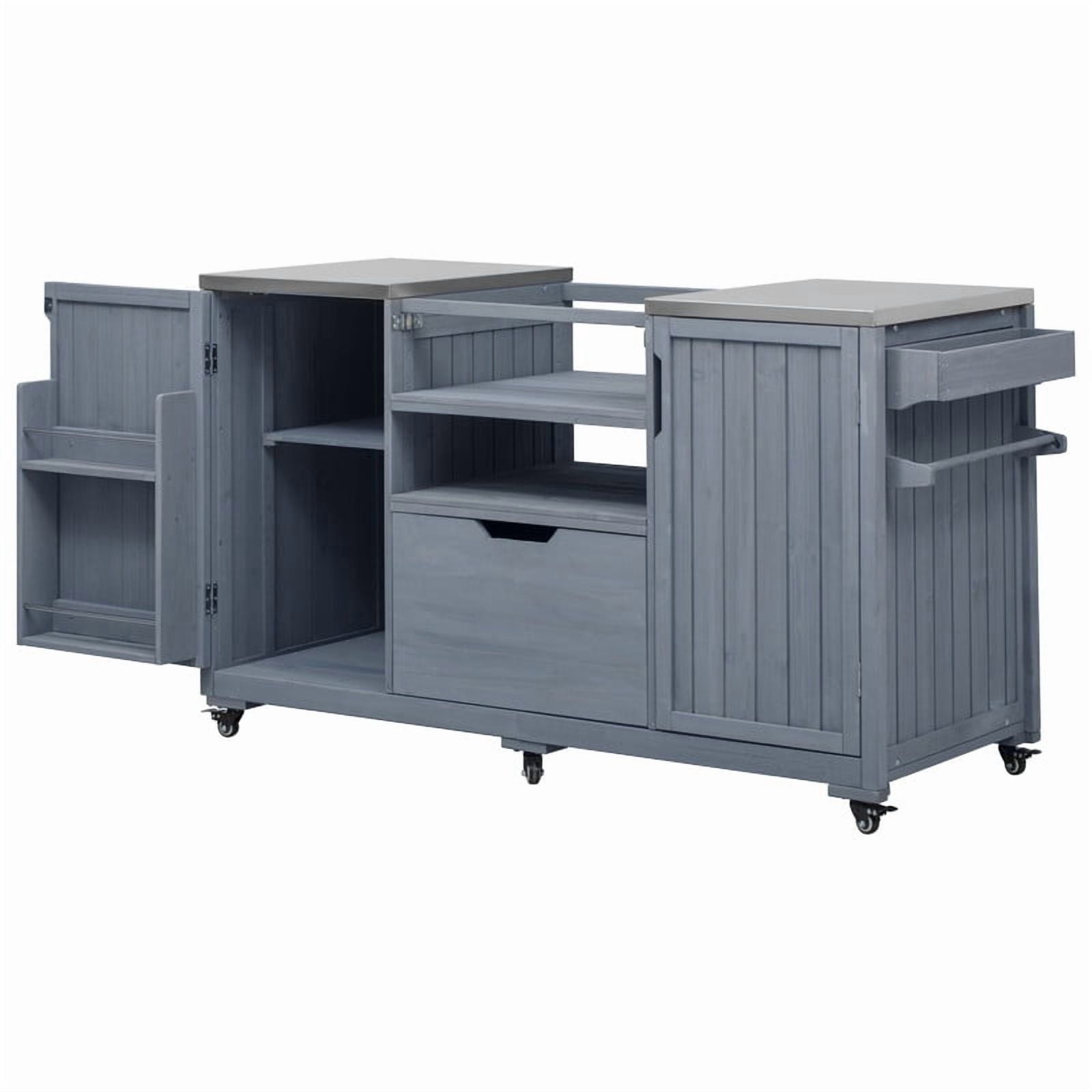 Outdoor Kitchen Island for Big Green Egg Grills, Wood Outdoor Grill Cart with Stainless Steel Top, Drawers and Storage Cabinet, 66.5''W