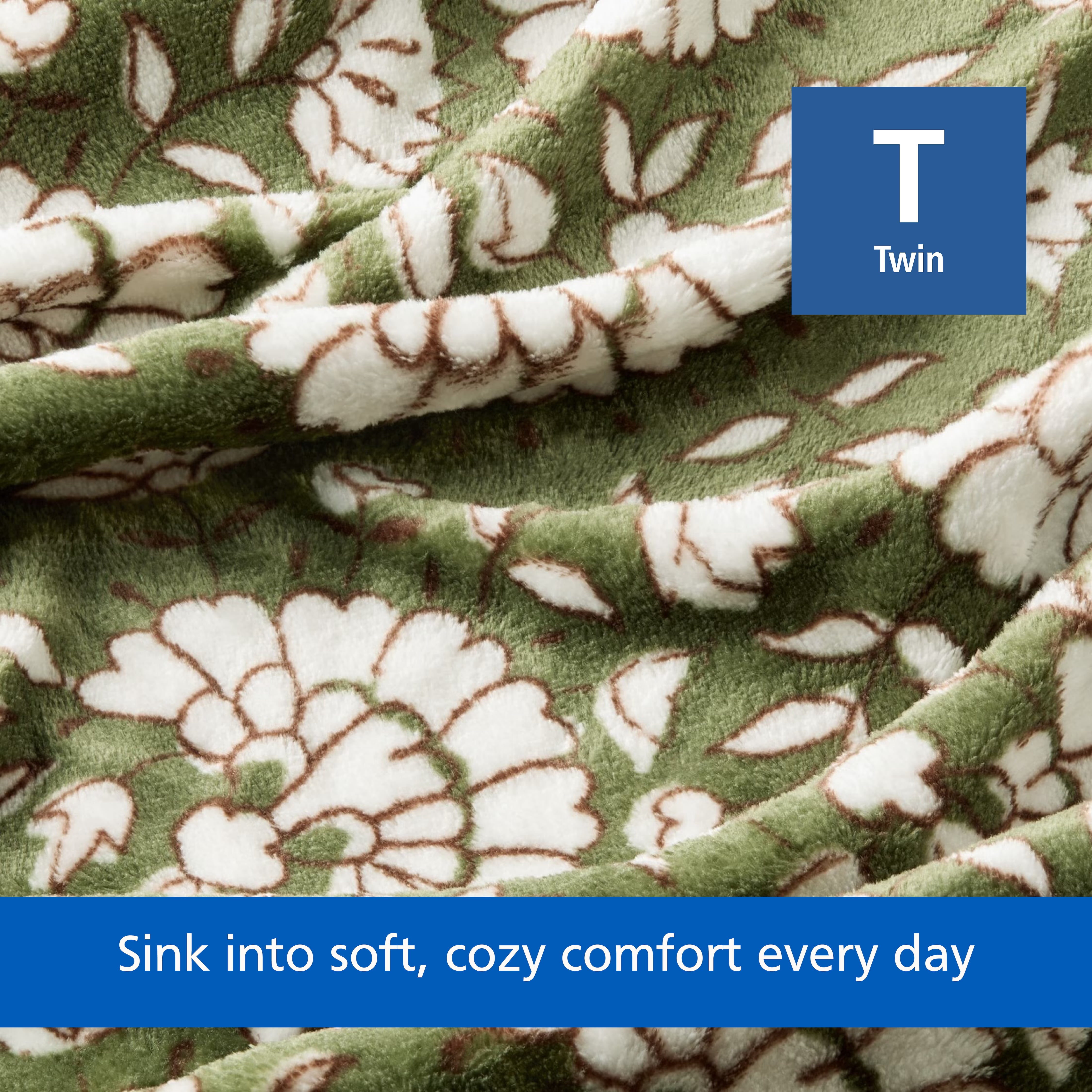 Mainstays Velvet Plush Bed Blanket, Green Floral, Twin Size