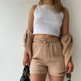 thumbnail image 5 of Long Sleeve Coat Shorts Front Pocket Drawstring Turn Down Collar Plus Size Plain Color Jacket High Waisted Shorts Suit Khaki XL, 5 of 6