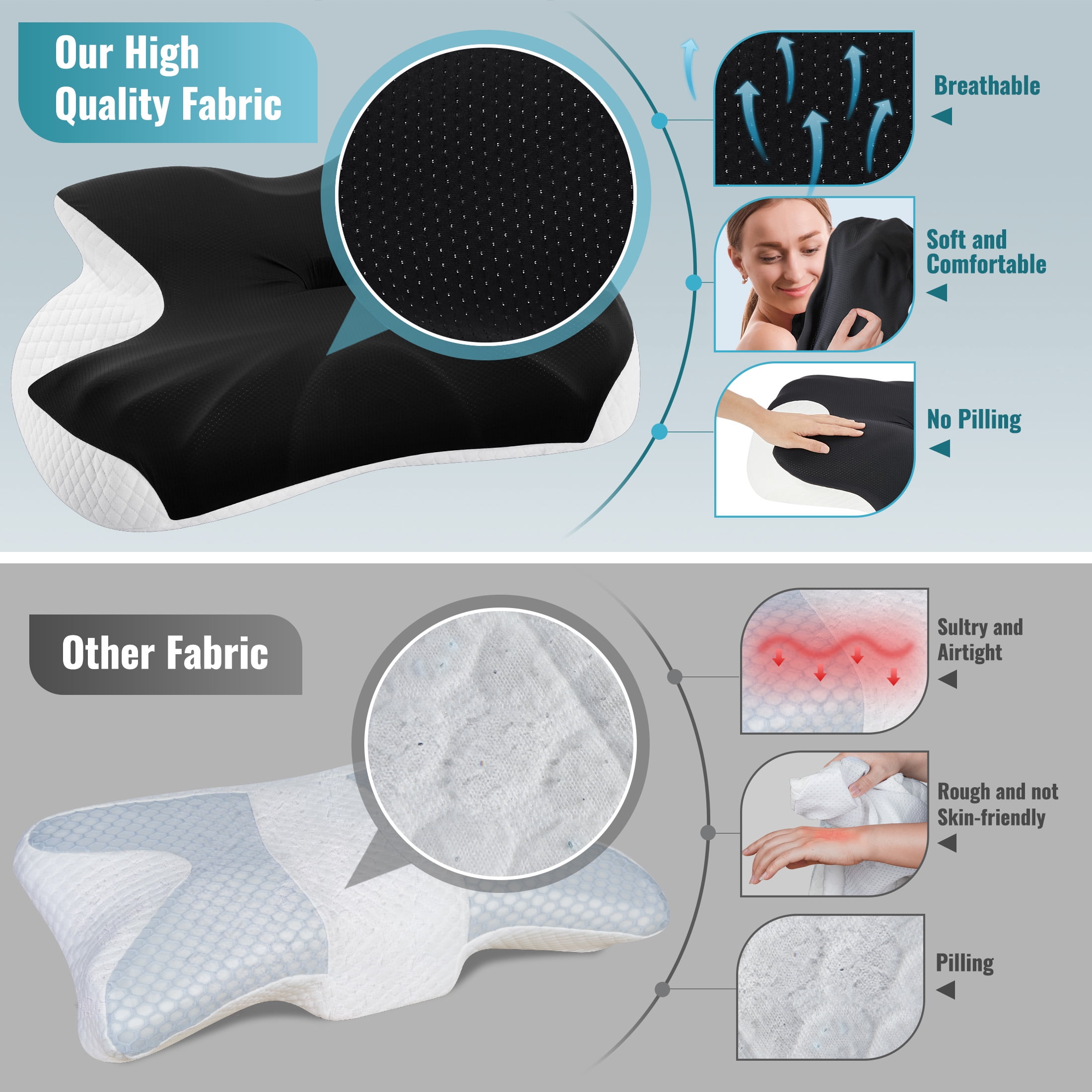 ENERFACE Ergonomic Memory Foam Neck Pillow for Pain Relief, Orthopedic Cervical Pillow for Side, Back & Stomach Sleepers with Breathable Washable Cover, Black+White